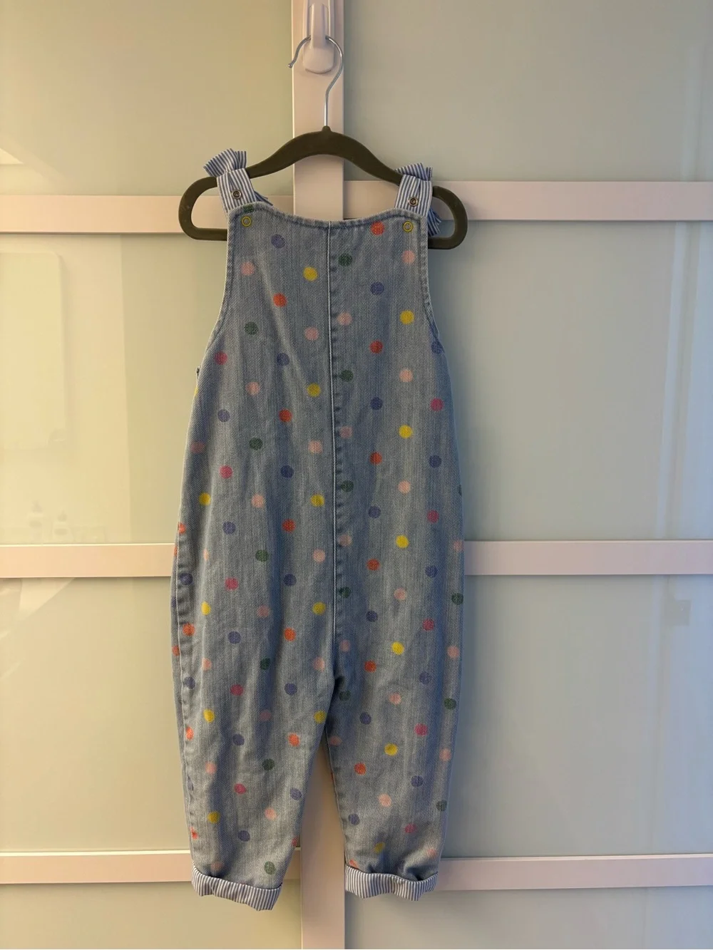 Mini Boden Light Blue Denim Polka Dot Tie-Shoulder Overalls
